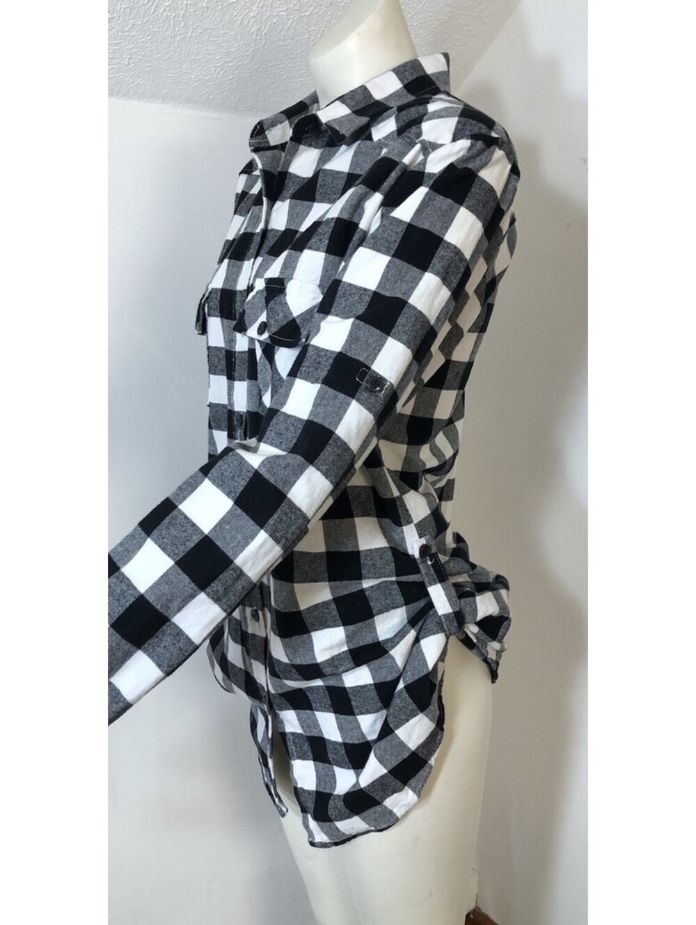 Matchstick Womens Medium Flannel Shirt Black White Buffalo Check Roll Tab Sleeve - Picture 5 of 9